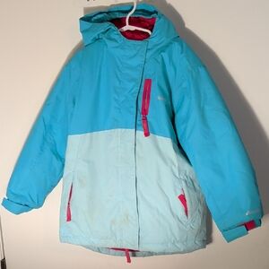 Eddie Bauer Two-Tone Aqua Hooded Puffer with Pink Accents